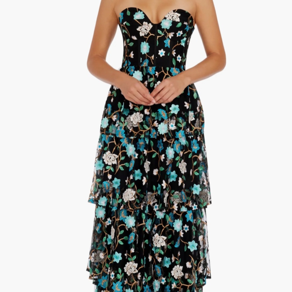 Dress the Population Embroidered Floral Turquoise and Black Gown